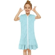 TAIAOJING Baby Girls Short Sleeve Dresses Little Swim Cover Up Kids Swimsuit Coverup Zip Up Beach Bathing Suit Hooded Bathrobe Absorbent Terrys Beach Dress For 3-4 Years